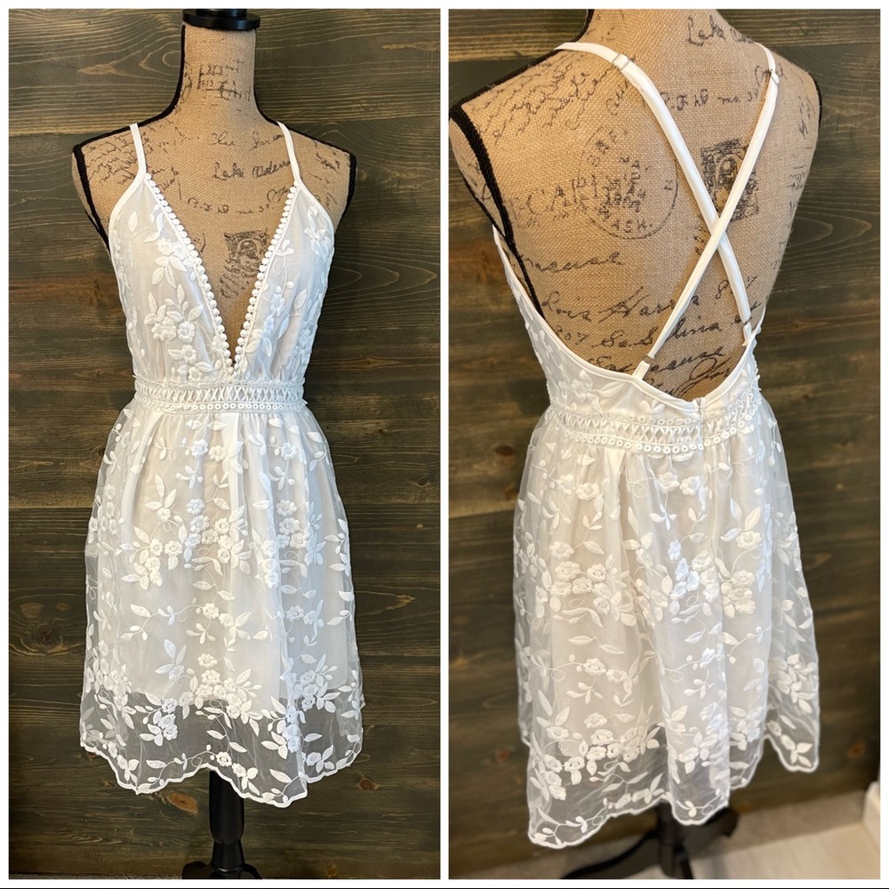 New Boho Lace Low Back Mini Spaghetti Strap Deep V Neck Summer Dress - Picture 4 of 11